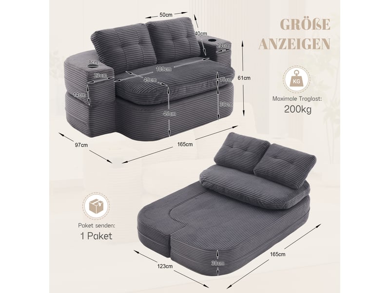 Canapé convertible 165x123 cm avec fonction méridienne, accoudoirs réglables et 2 porte-gobelets, velours, gris foncé - Conforama C