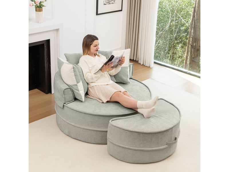  Fauteuil rond en chenille vert menthe avec pouf, fauteuil lounge une place avec cinq coussins pour salon et chambre  - Conforama D