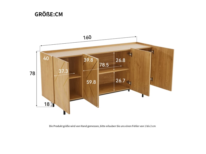 Buffet ulevr 4 portes avec rangement et étagères réglables, 160 x 40 x 78 cm, panneaux de particules naturel, incrustations métalliques - Conforama C