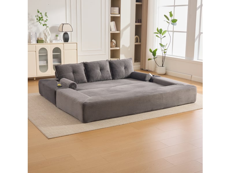 Canapé convertible 3 places modulaire avec poches latérales, porte-gobelet et coussins, en velours côtelé gris foncé - Conforama E