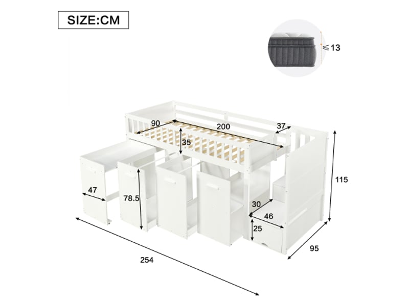  Lit mezzanine 90x200 cm coloris blanc pin lit enfant blanc - Conforama C
