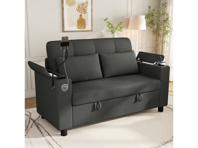  Canapé 2 places avec coffre 136,5x79,5x83,6 cm, rangements d’accoudoirs, 2 porte-gobelets, usbtype-c, support téléphone, velours côtelé gris  - Conforama C