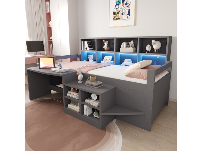 Lit enfant multifonction 90x200 cm, lit simple avec éclairage led, bureau, rangements, usb, mdf, gris, sans matelas  - Conforama B