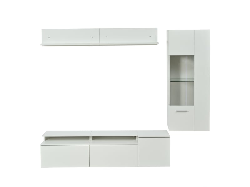  Ensemble meuble tv mural led 3 pièces 180 cm avec vitrine et étagère, design modulaire mdf blanc brillant  - Conforama E