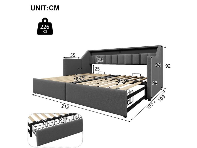  Lit de jour 90x200 extensible 180x200, canapé lit gris avec led, usb, type-c et 2 tiroirs de rangement, en lin  - Conforama C