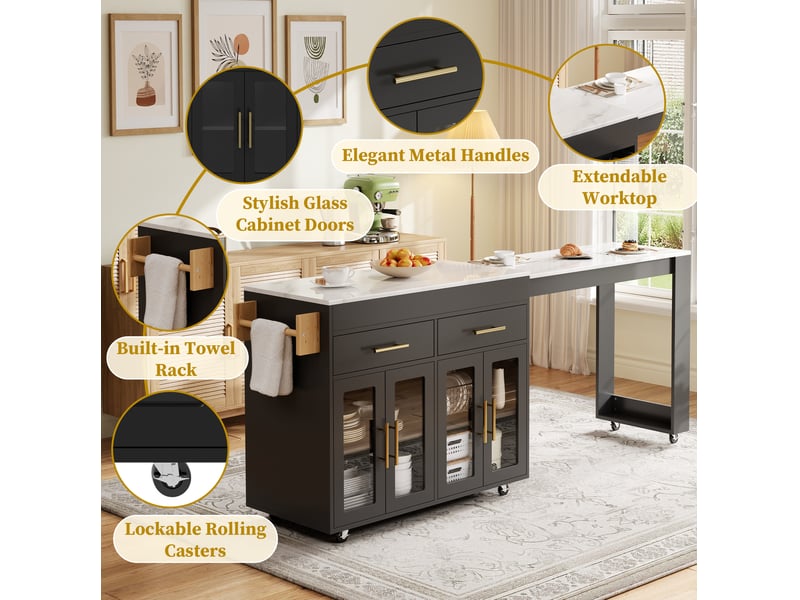  Îlot de cuisine mobile extensible 132,5-217x50x93 cm, bar, 7 roulettes, portes vitrées, mdf, noir  - Conforama D