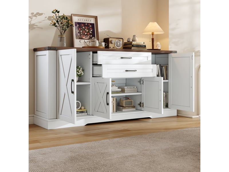 Buffet 160x39x81,5cm - buffet de cuisine 4 portes style ferme avec 2 tiroirs, étagères réglables - blanc  - Conforama D
