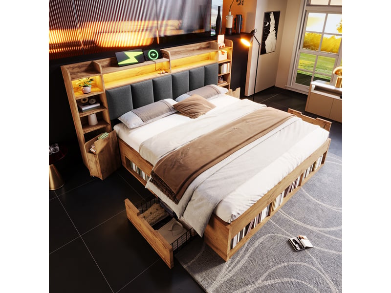  Lit double 180x200 avec rangement - tête de lit led - tables de chevet avec usb et usb-c - sans matelas  - Conforama B