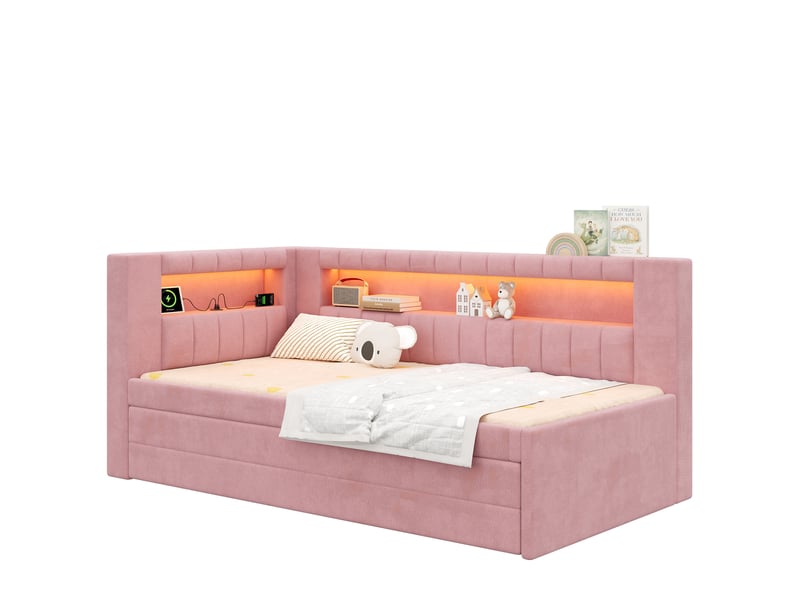  Lit jeune, lit gigogne 90x200 cm, équipé de led, usb, tiroirs et structure rembourrée, coloris rose  - Conforama A