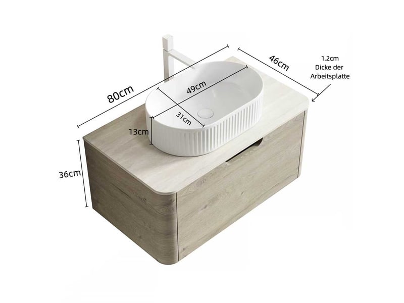 Meuble sous vasque suspendu avec 1 tiroir à fermeture douce et lavabo ovale en céramique pour salle de bain beige - Conforama D