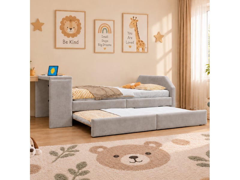  Lit gigogne enfant modenvie 90 x 200 cm avec bureau intégré et port usb en velours gris  - Conforama E