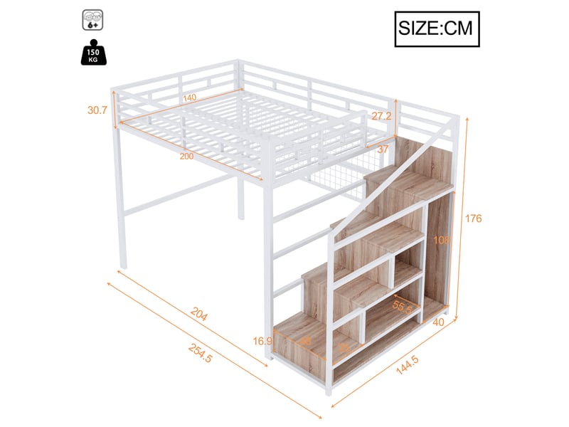  Lit mezzanine 140x200 cm blanc avec échelle-rangement, armoire et led 7 couleurs  - Conforama C