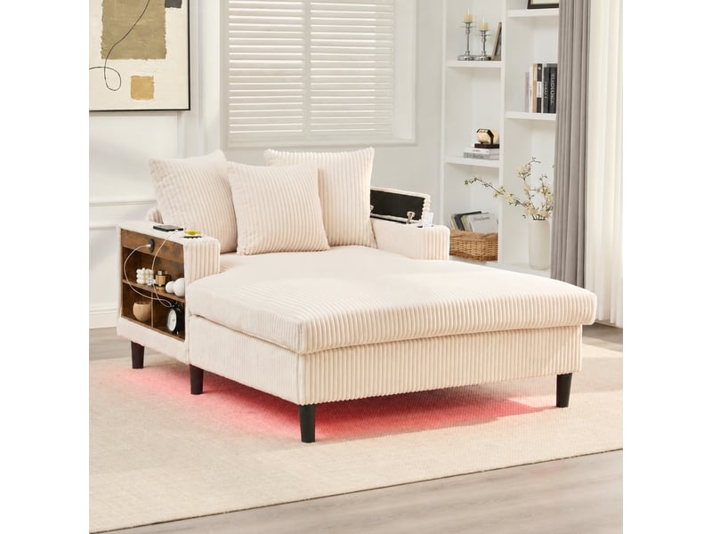  Chaise longue beige en velours côtelé avec led, rangement et usb, 1 place  - Conforama C