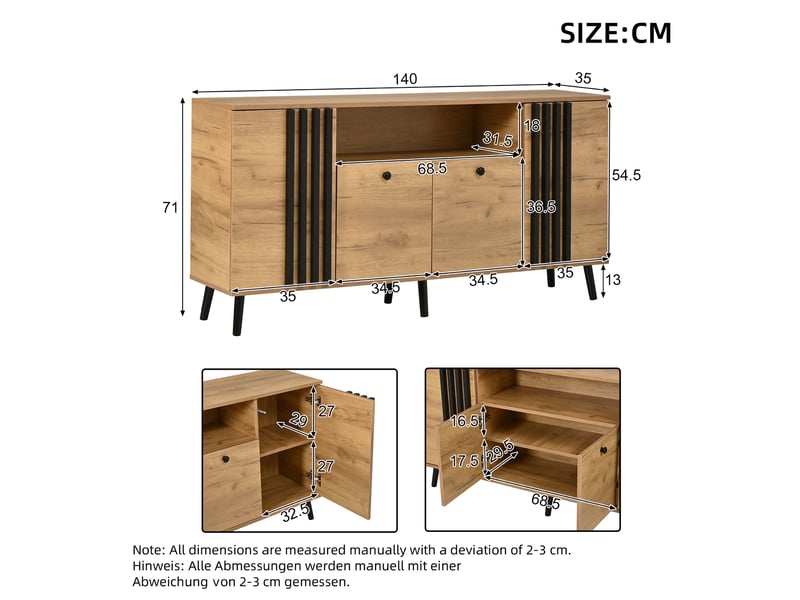  Buffet bas 140x35x71 cm avec 4 portes, 1 niche et 6 pieds en bois massif, meuble de rangement pour salon et salle à manger, mdf - noir et naturel  - Conforama D