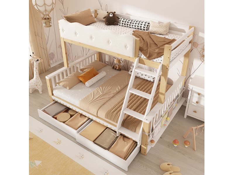  Lit superposé enfant 90x200140x200 cm – blanc et chêne – 2 tiroirs, porte-revues et échelle inclinée  - Conforama B