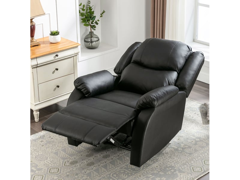 Fauteuil relax manuel inclinable avec repose-pieds intégré et poche latérale en simili cuir noir 80 × 90 × 100 cm - Conforama B