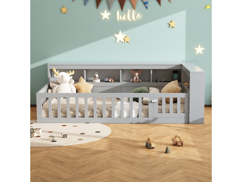  Lit banquette enfant 90×200 cm usb, prise, rangement et barrière  - sans matelas, panneaux de bois - gris  - Conforama E