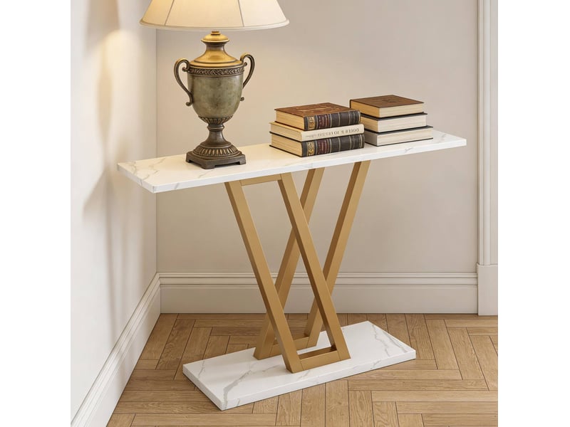  Console étroite avec tablette inférieure style moderne pour entrée et salon en mdf et métal blanc doré  - Conforama E