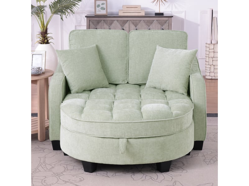 Canapé convertible 2 en 1 bleu cyan avec pouf coffre, tissu respirant et bois d’eucalyptus - Conforama B