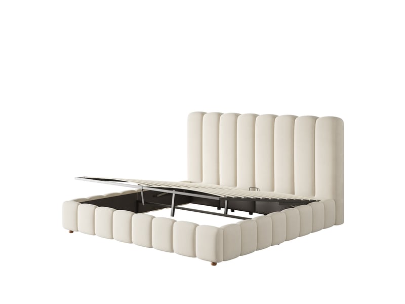  Lit capitonné, lit double, 160 x 200 cm, sommier à lattes, tête de lit rembourrée, grand espace de rangement, beige, velours  - Conforama D