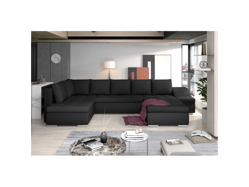  Canapé panoramique gyovani noir angle droit convertible avec coffre  - Conforama A
