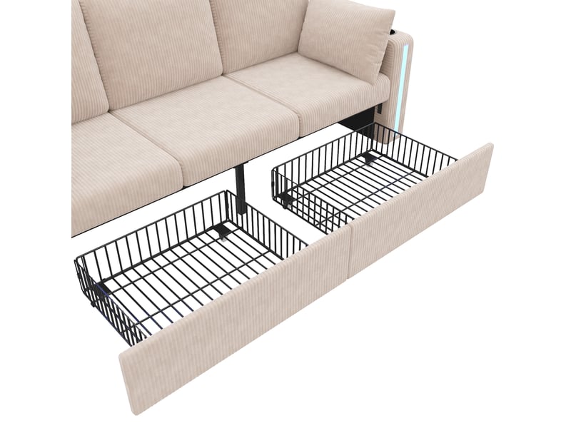  Canapé modulable U/L, beige, 2 poufs rangement, LED, USB/Type-C et porte-gobelets  - Conforama E