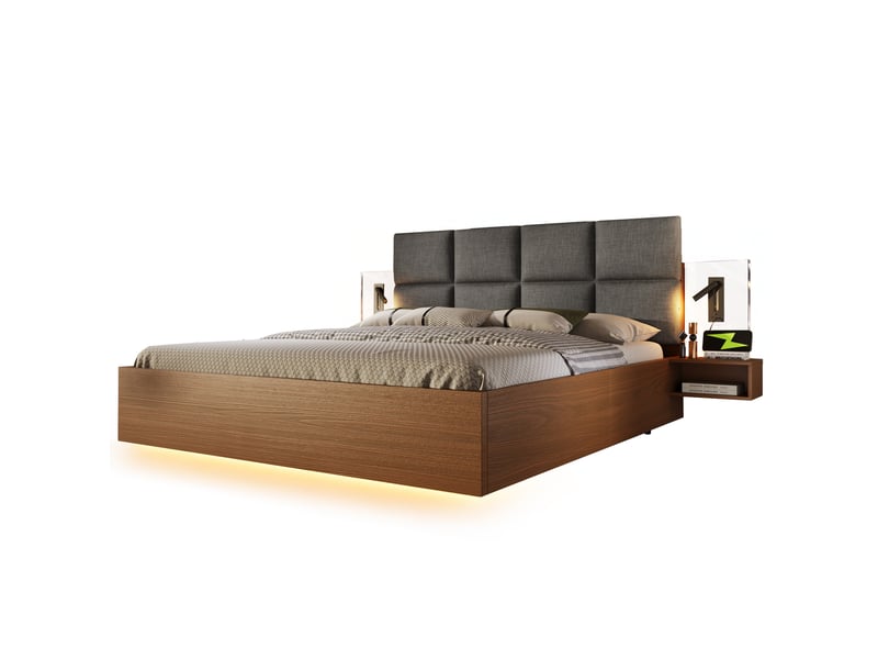  Lit double 160 x 200 cm, tête de lit en lin, chevets suspendus, liseuse tactile, usb-c, led via application, sommier à lattes, gris Bliss Lite - Conforama A