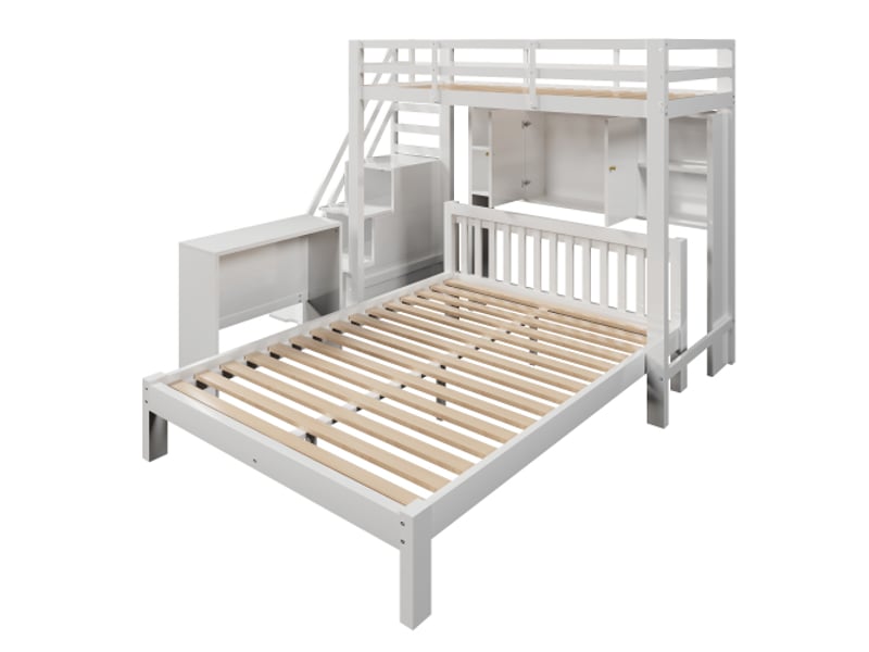  Lit enfant 90x200cm+140x200cm,lit superposé en bois massif avec étagères,table mobile,escalier avec rangement et garde-corps,blanc lit enfant blanc - Conforama E