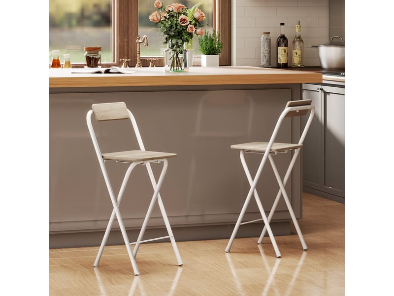  Ensemble de 2 tabourets de bar pliants avec dossier, repose-pieds et structure en acier pour comptoir de salle à manger, couleur naturelle  - Conforama D
