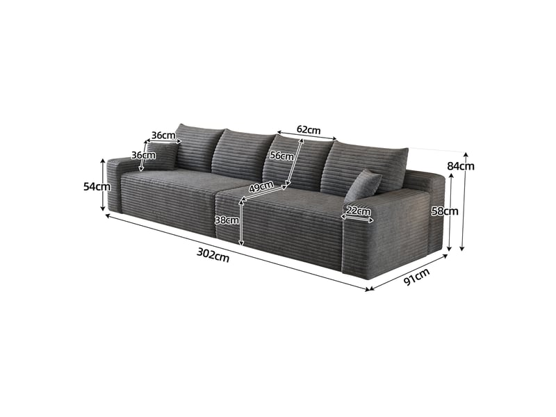  Canapé droit modulable 302 cm sans structure ni montage, canapé-lit en mousse et velours côtelé doux, design minimaliste pour salon, gris Seren Glow - Conforama C