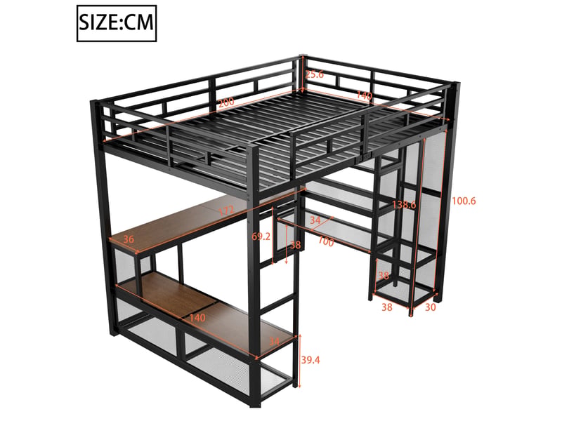  Lit mezzanine 140x200 cm avec bureau, rangements, penderie ouverte, usb led, métal mdf noir sans matelas  - Conforama C