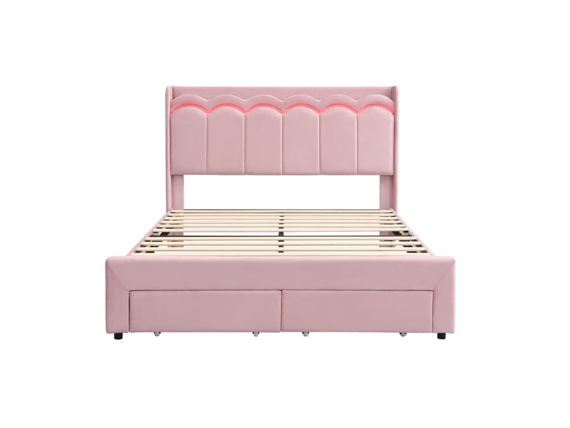  Lit enfant rembourré 140x200 cm rose avec 2 tiroirs, tête de lit ondulée et led app  - Conforama A