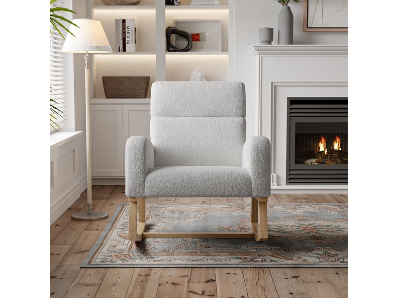  Fauteuil à bascule moderne - pieds bois massif et dos haut, autocollants antidérapants, poches latérales, 78x69x87 cm - gris clair matière teddy  - Conforama C
