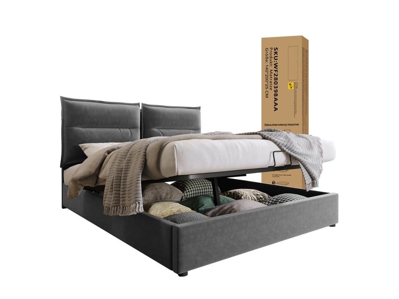  Lit coffre 140x200 cm velours gris — tête de lit réglable, rangement hydraulique et matelas inclus  - Conforama A