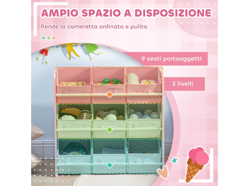  Armoire à jouets avec 9 paniers amovibles en bois et tissu, 63 x 30 x 60 cm, rose et blanc  - Conforama E