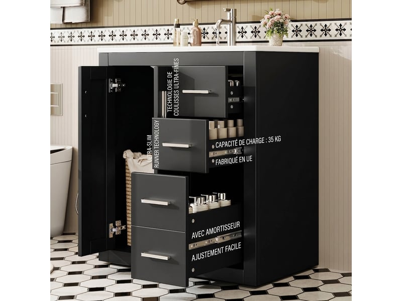  Meuble salle de bain sur pied 76 cm avec lavabo en céramique intégré mdf laqué noir  - Conforama D
