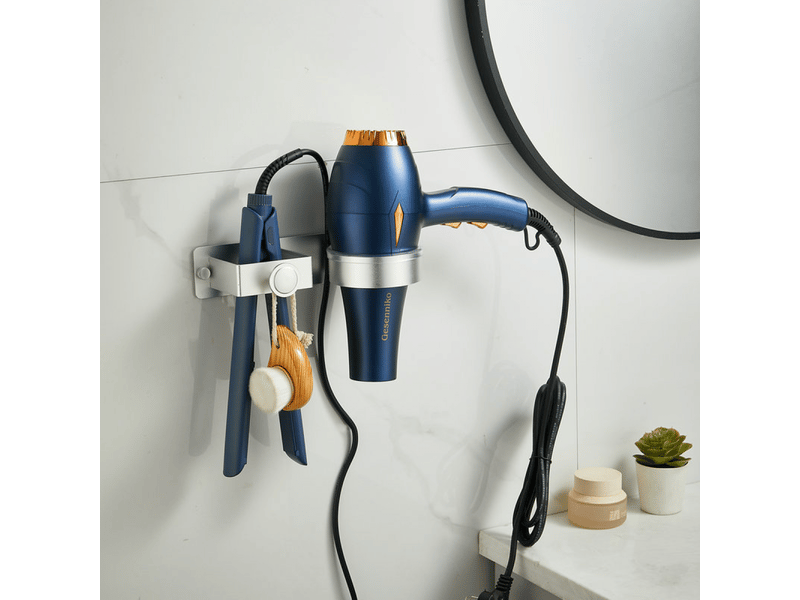 Support de sèche-cheveux, sans perçage, adapté à la salle de bain, à la chambre, à l'hôtel, argenté - Conforama A