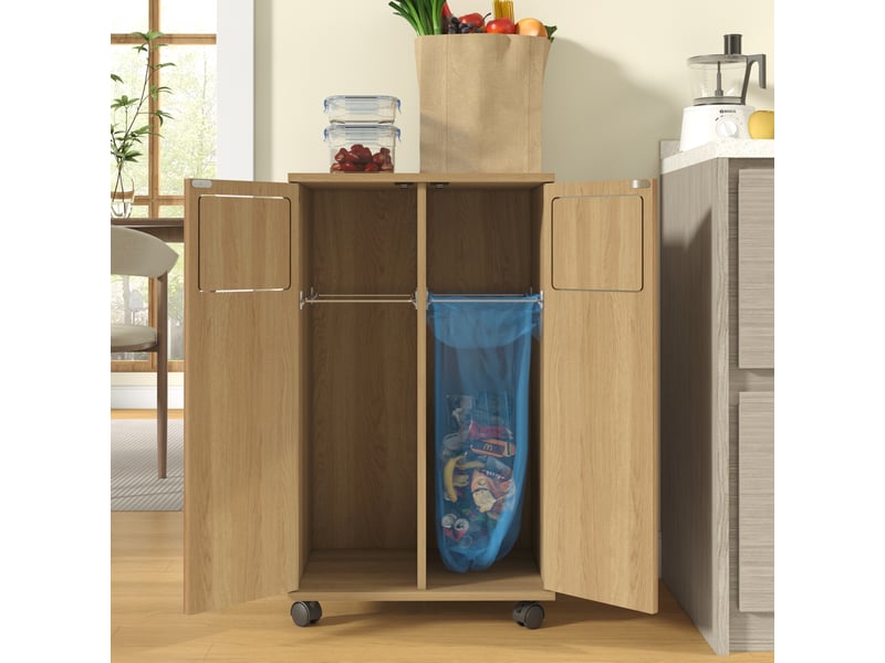  Meuble de tri des déchets 46,7x35x80,3 cm à roulettes avec 2 portes, pour la cuisine, design moderne, en mdf, naturel  - Conforama D