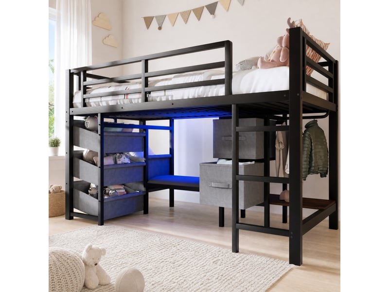  Lit mezzanine 90x200 cm avec led multicolores et rangement en métal noir  - Conforama B