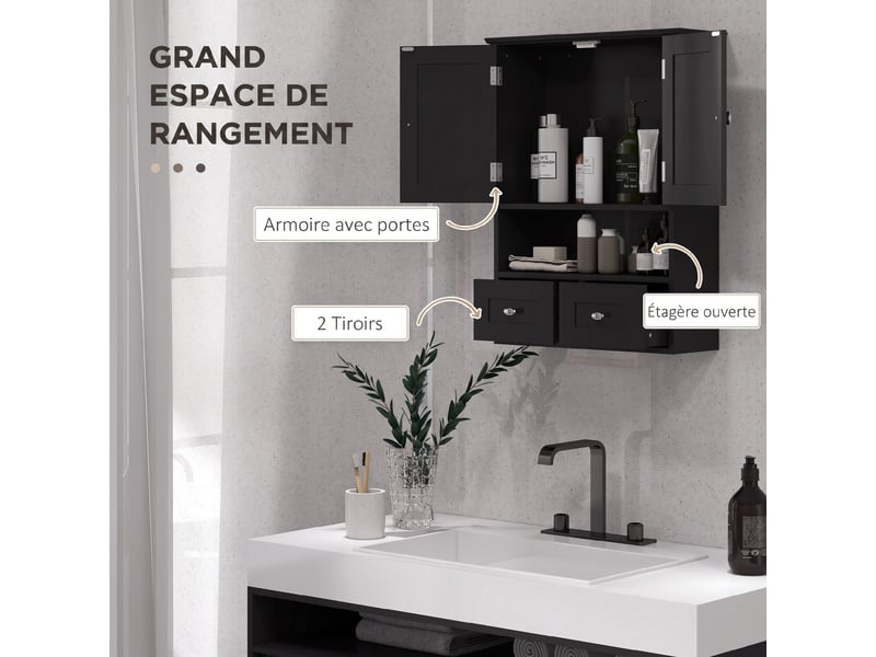  Armoire murale de salle de bain 2 portes 2 tiroirs mdf noir 50,8 x 17,8 x 66 cm  - Conforama D