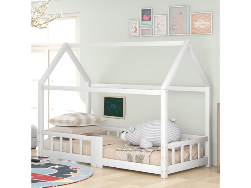 Lit cabane enfant 90 x 200 cm avec un tableau noir et clôture, bois + mdf, blanc, sans matelas - Conforama C