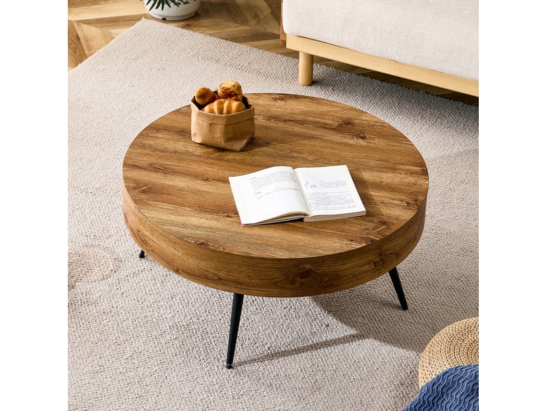  Table basse ronde avec plateau en mdf et pieds en métal, style scandinave, pour salon, bois et noir  - Conforama C