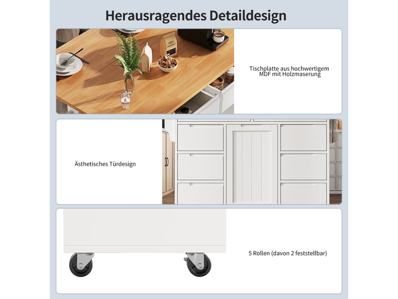  Îlot de cuisine mobile blanc 122 × 46–74,5 × 91,5cm, 8 tiroirs, sur roulettes, porte-épices  - Conforama D