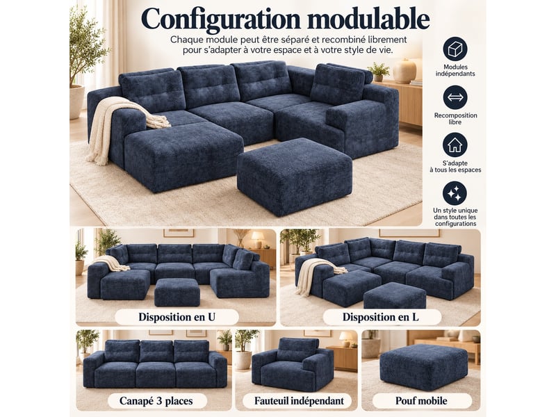 Canapé modulable panoramique 5 places en chenille, assise profonde, configuration l ou u, sans montage, 252 × 180 cm, bleu - Conforama D