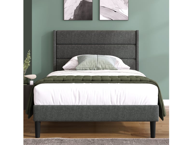  Lit simple 90x200 cm, lit enfant, tête de lit, pieds avec patins antidérapants, lin, métal, vert foncé, matelas inclus  - Conforama B