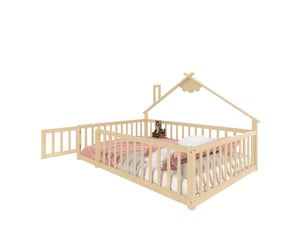 Lit cabane 140x190 cm, cabane, barrière avec serrure, en bois, naturel, sans matelas