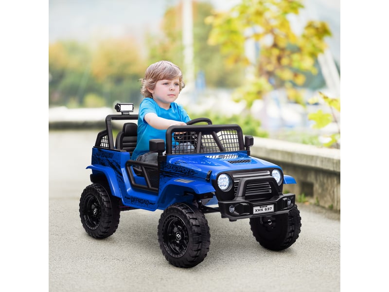  Voiture électrique pour enfants avec suspension souple, télécommande, phares led, klaxon, moteurs 12 v, en plastique et métal, bleue  - Conforama D