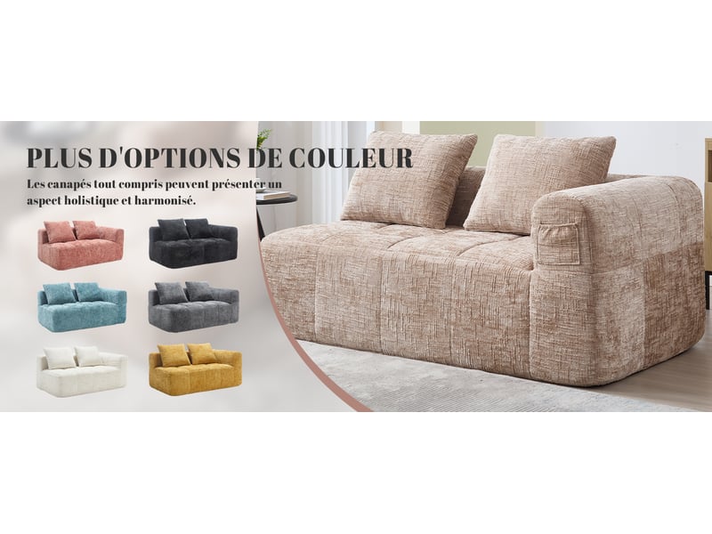  Canapé droit 2 places en chenille kaki 158x90x60 cm avec coussin et poches latérales, sans montage, salon 158x90x60cm - Conforama R