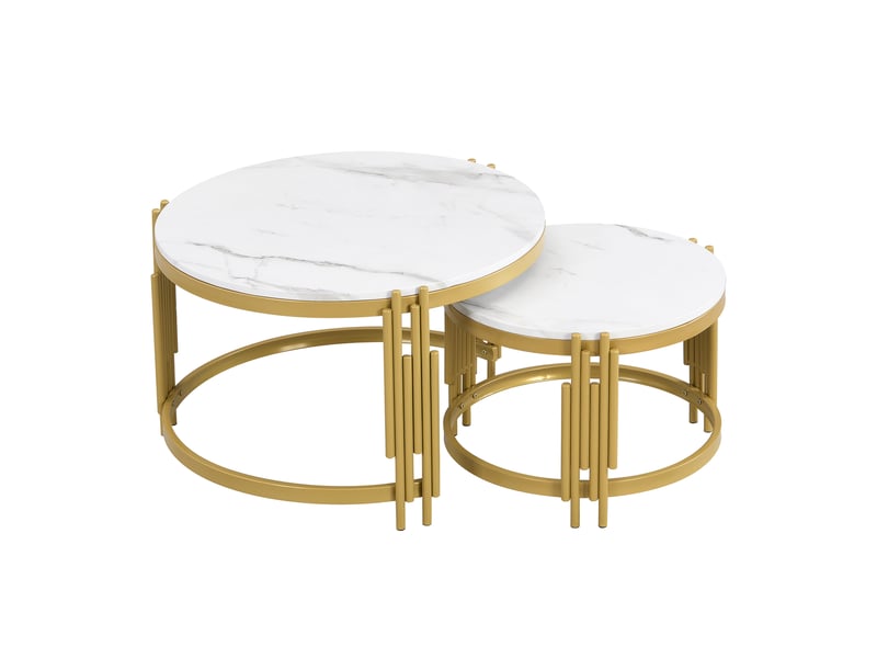  Ensemble de tables basses modulables, aspect marbre, structure en métal doré, tables rondes disponibles en deux tailles.  - Conforama E
