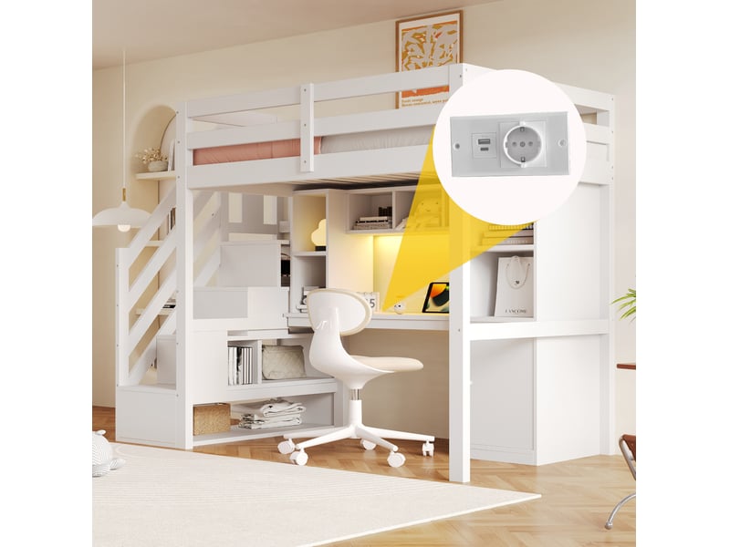  Lit mezzanine avec escalier de rangement étagères led prises européennes et garde-corps en bois blanc 90 × 200 cm  - Conforama D